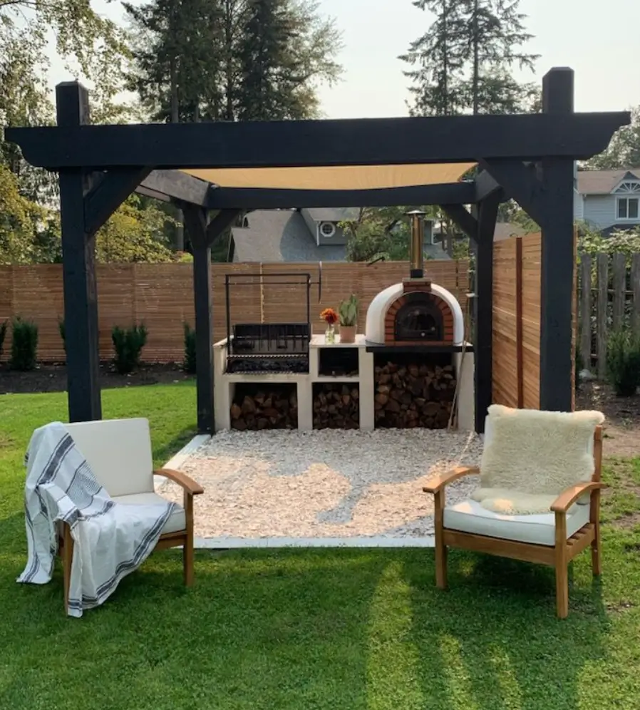 elegant home gazebo or pavilion with grill, brick oven, and outdoor lounge seats