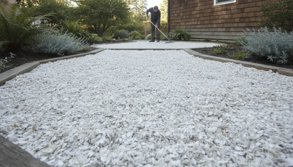 Crushed oyster shell path and patio being raked in a Pacific Northwest garden
